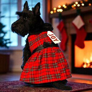 Christmas Dog Dress Red Plaid Tartan Pet Outfit Holiday Costume w/ Bow Medium